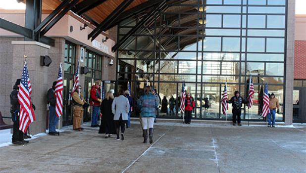 Military funeral honors Members of the Army National Guard offered a rifle salute and played taps at the funeral of 18-year-old Devin Alexander, a member of the Army National Guard and senior at Pillager High School. Alexander died Jan. 10; and his funeral was held Jan. 16, at the school. Pictured above, Members of the Minnesota Patriot Guard, Brainerd sector, provided a non-military flag line as family and friends came to pay their respects. An estimated 800 people attended the funeral service, officiated by Dianne Ciesluk, pasto