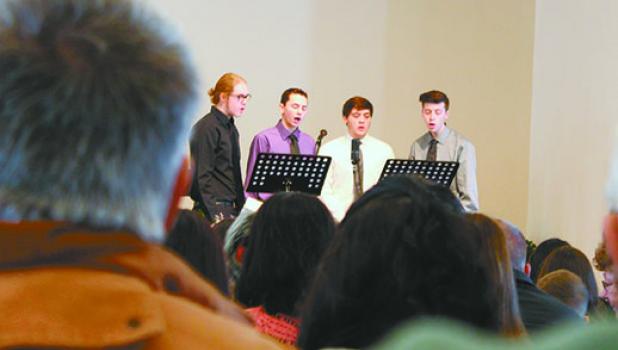 Four students at Staples-Motley High School, sang the Leonard Cohen song, “Hallelujah” during the service. From left are Draven Lane, Noah Han, Chris Stanton, Coleman Klimek. The boys are friends of Alan’s younger brother, Jacob Maloney, who attends SMHS, where Alan graduated in 2015. “We all knew Alan, too,” said Klimek. “I also went to the same Sunday School as him when we were younger. He was a really nice guy.” (Staples World photos by Dawn Timbs)