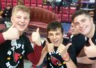 Max Strickland, Logan Paklonsky and Scout Strickland give thumbs up at state bowling, with Colton Fraley in the background. (Submitted photo)