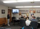 A number of individuals gave presentations at the Motley City Council’s regular meeting April 13. Top photo, Lisa Bjerga, Lakewood Health System President/CEO (standing); seated in back, from left, council members April Skeesick-Larson, Dennis Erickson; Mayor Pat O’Regan. In front, backs to camera, City Clerk/Treasurer Tami Brotherton; Fire Chief Todd Judd.