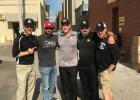 Cast members in the upcoming film, “Brother’s Keeper” take a break from a rehearsal in Owatonna this past spring. Pictured, from right, are Brian Sams, Cushing; Brian Nelson, Randall; Glenn Morshower, television actor; Chad Mitchell, author of the book upon which the film is based; and actor Eric Emery. Filming will resume this September in Texas, onsite at the high school football field where the story took place. (Submitted photo)