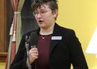 Miranda Lape spoke at the retirement party of Mark Turner, the former Five Wings Arts Council director. Lape took over the position in October. (Staples World photo by Mark Anderson)