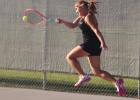 Ronnie Noska leaps to catch up to a forehand smash in the match against LPGE. Noska is ranked in the top five in the state by the Minnesota High School Coaches Association. (Staples World photo by Mark Anderson)