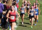 Audrey Brownell, left, surges up a hill to leave a pack of runners behind. (Staples World photo by Mark Anderson)