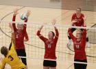 The Cardinal wall slowed down Pillager volleyball attack. From left, Addie Potter, Abby Brichacek and Clara Maros.