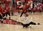 Izzy Becker stretches out as she goes to the floor to dig up a tipped ball in the match against Pelican Rapids. Becker had 28 digs in the match, as well as three back-row kills. (Staples World photos by Mark Anderson)